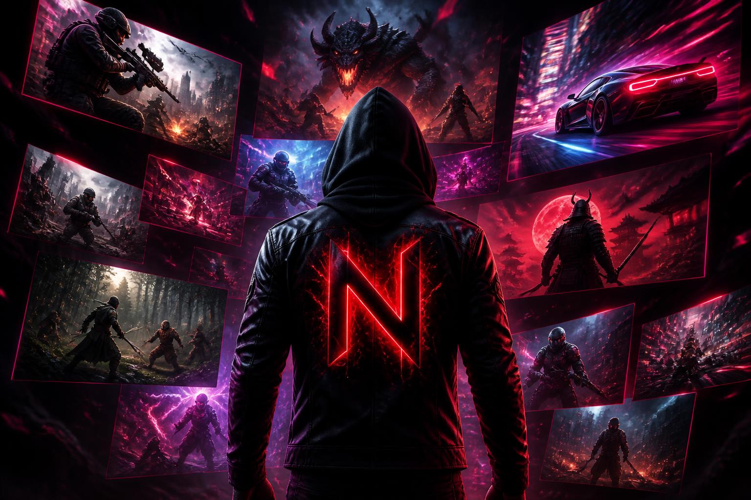 A gamer surrounded by floating screens of shooters, fantasy worlds and racing games